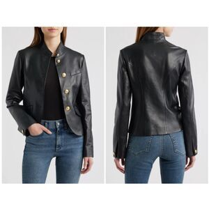 Rag & Bone Women's Black Sadie Crop Leather Blazer Gold Buttons Size 12